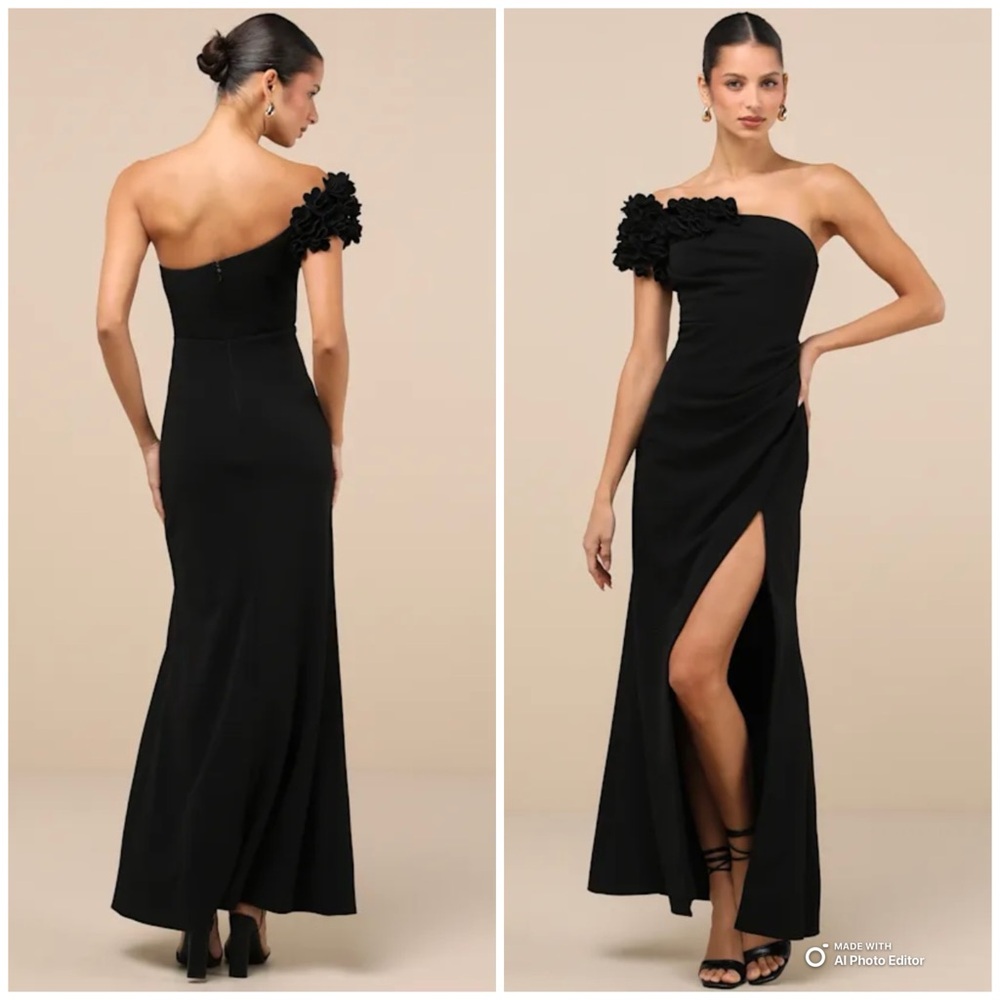 Lulus Small Beyond Elegant Black 3D Floral One Shoulder Maxi Dress NWT Formal